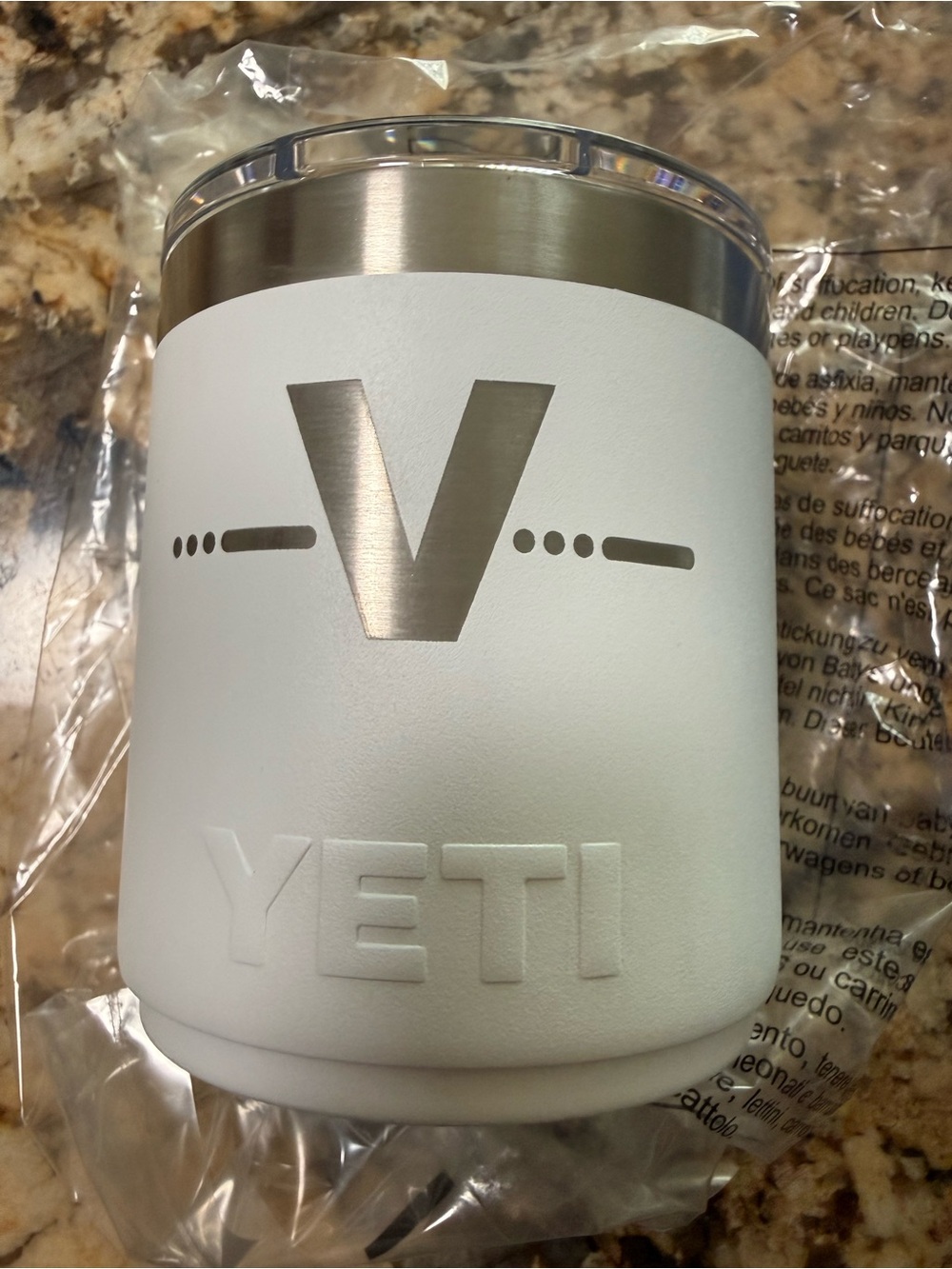 “V” Customized white YETI Rambler 10oz Ceramic Lined Lowball 2.0